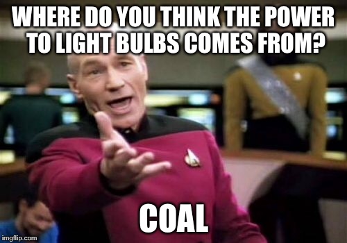 Picard Wtf Meme | WHERE DO YOU THINK THE POWER TO LIGHT BULBS COMES FROM? COAL | image tagged in memes,picard wtf | made w/ Imgflip meme maker