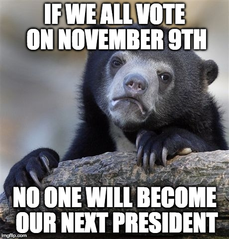 Confession Bear | IF WE ALL VOTE ON NOVEMBER 9TH; NO ONE WILL BECOME OUR NEXT PRESIDENT | image tagged in memes,confession bear | made w/ Imgflip meme maker