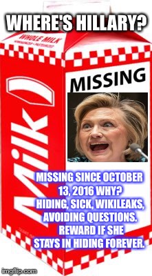 Missing | WHERE'S HILLARY? MISSING SINCE OCTOBER 13, 2016
WHY? HIDING, SICK, WIKILEAKS, AVOIDING QUESTIONS.  REWARD IF SHE STAYS IN HIDING FOREVER. | image tagged in missing | made w/ Imgflip meme maker
