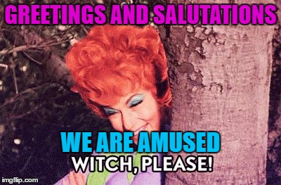 GREETINGS AND SALUTATIONS; WE ARE AMUSED | image tagged in endora1 | made w/ Imgflip meme maker