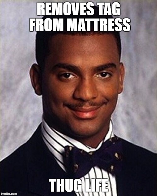 Such a rebel. | REMOVES TAG FROM MATTRESS; THUG LIFE | image tagged in carlton banks thug life | made w/ Imgflip meme maker