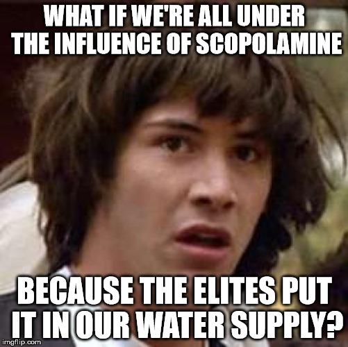 Conspiracy Keanu Meme | WHAT IF WE'RE ALL UNDER THE INFLUENCE OF SCOPOLAMINE; BECAUSE THE ELITES PUT IT IN OUR WATER SUPPLY? | image tagged in memes,conspiracy keanu | made w/ Imgflip meme maker