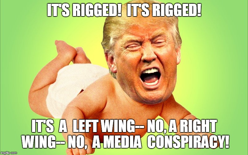 Baby Trump | IT'S RIGGED!  IT'S RIGGED! IT'S  A  LEFT WING-- NO, A RIGHT WING-- NO,  A MEDIA  CONSPIRACY! | image tagged in baby trump | made w/ Imgflip meme maker