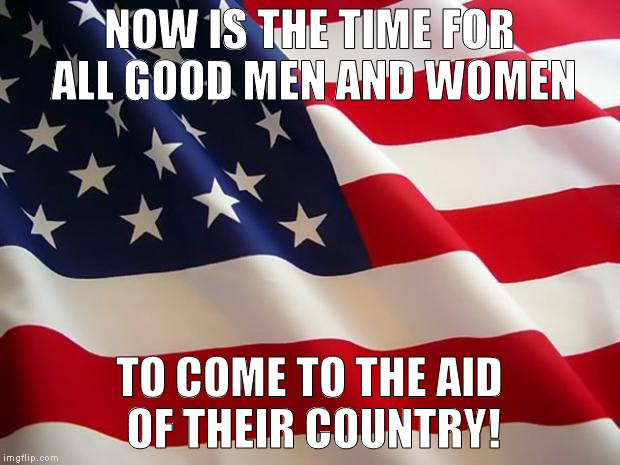 American flag | NOW IS THE TIME FOR ALL GOOD MEN AND WOMEN; TO COME TO THE AID OF THEIR COUNTRY! | image tagged in american flag | made w/ Imgflip meme maker