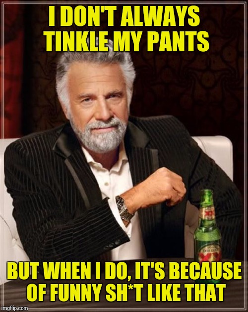 The Most Interesting Man In The World Meme | I DON'T ALWAYS TINKLE MY PANTS BUT WHEN I DO, IT'S BECAUSE OF FUNNY SH*T LIKE THAT | image tagged in memes,the most interesting man in the world | made w/ Imgflip meme maker
