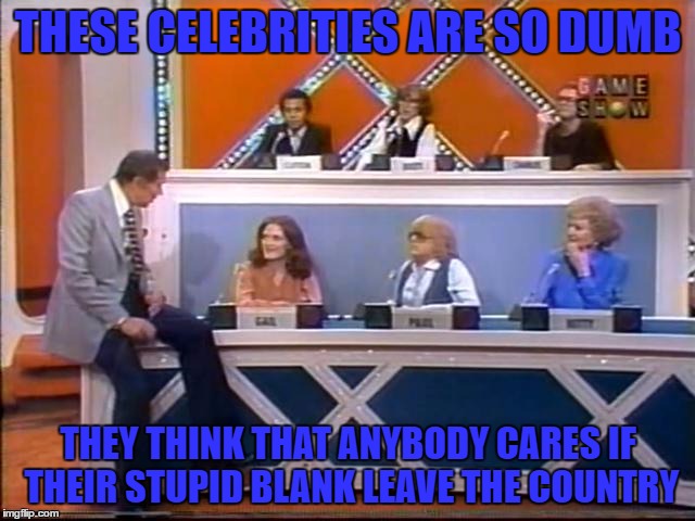 dumb celebrities  |  THESE CELEBRITIES ARE SO DUMB; THEY THINK THAT ANYBODY CARES IF THEIR STUPID BLANK LEAVE THE COUNTRY | image tagged in dumbasses,match game,celebrities,leaving | made w/ Imgflip meme maker