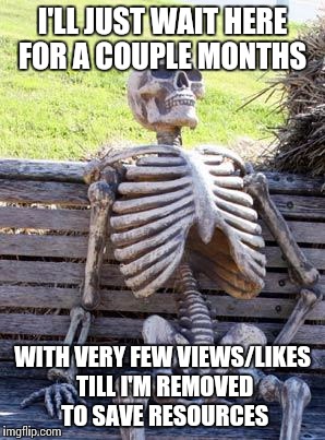 Waiting Skeleton Meme | I'LL JUST WAIT HERE FOR A COUPLE MONTHS; WITH VERY FEW VIEWS/LIKES TILL I'M REMOVED TO SAVE RESOURCES | image tagged in memes,waiting skeleton | made w/ Imgflip meme maker