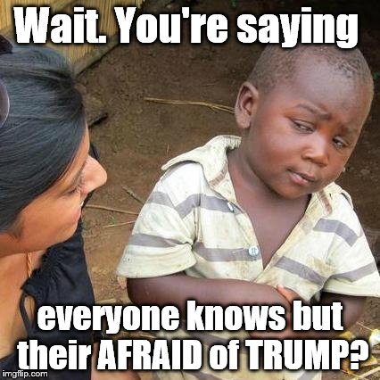 Third World Skeptical Kid Meme | Wait. You're saying everyone knows but their AFRAID of TRUMP? | image tagged in memes,third world skeptical kid | made w/ Imgflip meme maker