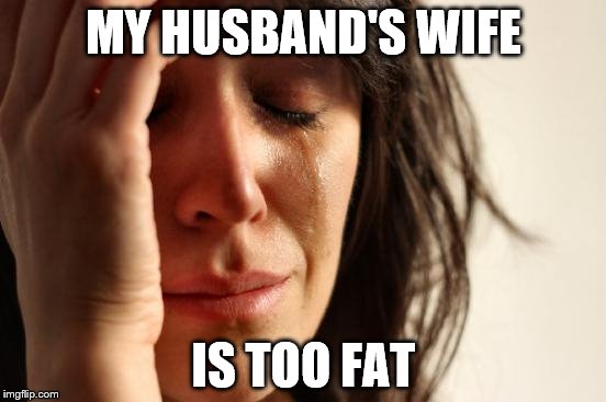 First World Problems Meme | MY HUSBAND'S WIFE; IS TOO FAT | image tagged in memes,first world problems | made w/ Imgflip meme maker