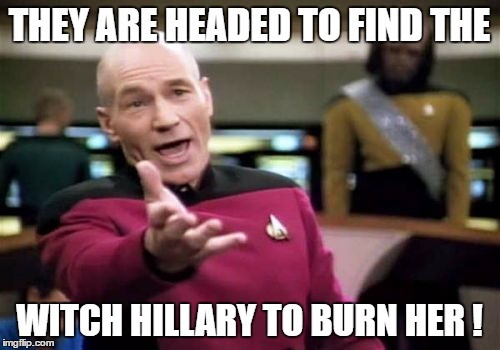 Picard Wtf Meme | THEY ARE HEADED TO FIND THE WITCH HILLARY TO BURN HER ! | image tagged in memes,picard wtf | made w/ Imgflip meme maker