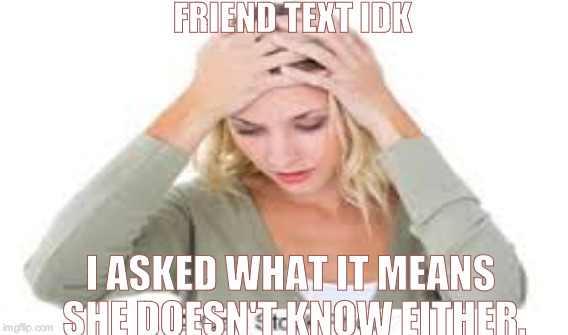 FRIEND TEXT IDK; I ASKED WHAT IT MEANS SHE DOESN'T KNOW EITHER. | image tagged in dumb blonde | made w/ Imgflip meme maker