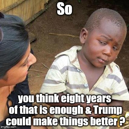 Third World Skeptical Kid Meme | So you think eight years of that is enough & Trump could make things better ? | image tagged in memes,third world skeptical kid | made w/ Imgflip meme maker