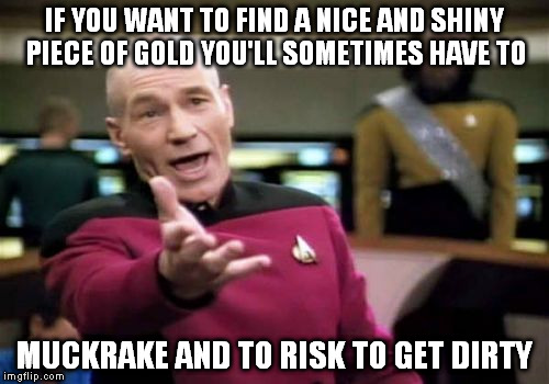 Picard Wtf Meme | IF YOU WANT TO FIND A NICE AND SHINY PIECE OF GOLD YOU'LL SOMETIMES HAVE TO MUCKRAKE AND TO RISK TO GET DIRTY | image tagged in memes,picard wtf | made w/ Imgflip meme maker