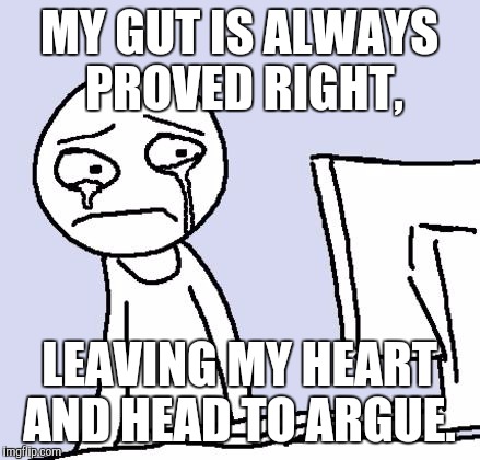 crying computer reaction |  MY GUT IS ALWAYS PROVED RIGHT, LEAVING MY HEART AND HEAD TO ARGUE. | image tagged in crying computer reaction | made w/ Imgflip meme maker