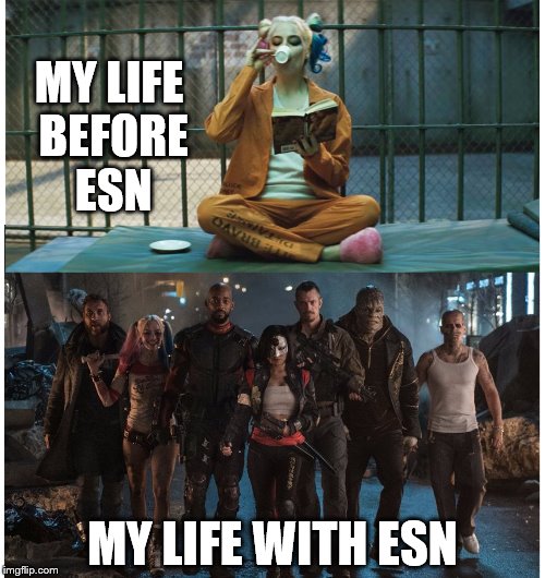 ESN SQUAD | MY LIFE BEFORE ESN; MY LIFE WITH ESN | image tagged in esn,suicide squad,squad,army recruiting,students,life | made w/ Imgflip meme maker