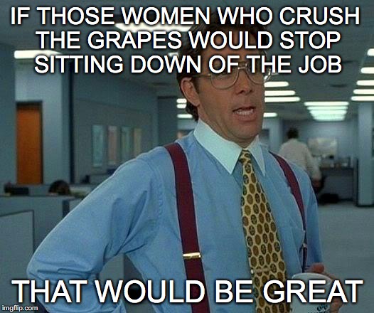 That Would Be Great Meme | IF THOSE WOMEN WHO CRUSH THE GRAPES WOULD STOP SITTING DOWN OF THE JOB THAT WOULD BE GREAT | image tagged in memes,that would be great | made w/ Imgflip meme maker