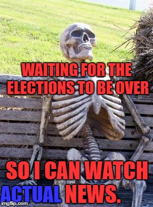 Just end it! END IT! | WAITING FOR THE ELECTIONS TO BE OVER; SO I CAN WATCH        NEWS. ACTUAL | image tagged in memes,waiting skeleton | made w/ Imgflip meme maker