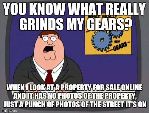 Peter Griffin News | YOU KNOW WHAT REALLY GRINDS MY GEARS? WHEN I LOOK AT A PROPERTY FOR SALE ONLINE AND IT HAS NO PHOTOS OF THE PROPERTY, JUST A PUNCH OF PHOTOS OF THE STREET IT'S ON | image tagged in memes,peter griffin news | made w/ Imgflip meme maker