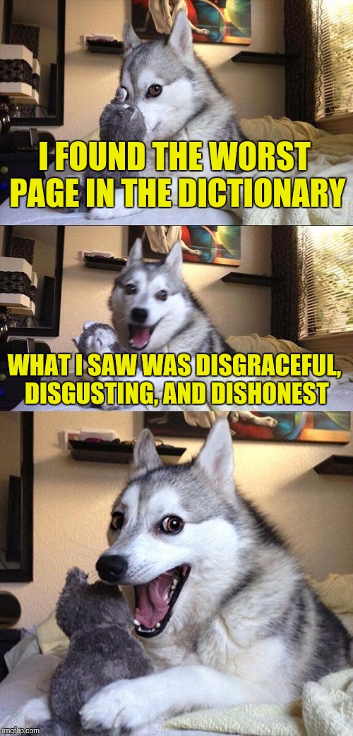 Bad Pun Dog | I FOUND THE WORST PAGE IN THE DICTIONARY; WHAT I SAW WAS DISGRACEFUL, DISGUSTING, AND DISHONEST | image tagged in memes,bad pun dog | made w/ Imgflip meme maker