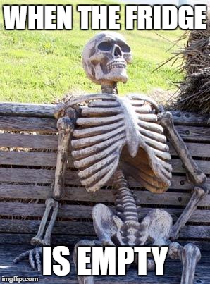 Waiting Skeleton Meme | WHEN THE FRIDGE; IS EMPTY | image tagged in memes,waiting skeleton | made w/ Imgflip meme maker