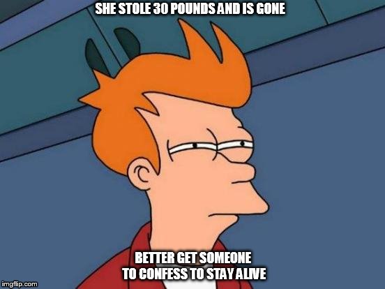 Futurama Fry | SHE STOLE 30 POUNDS AND IS GONE; BETTER GET SOMEONE TO CONFESS TO STAY ALIVE | image tagged in memes,futurama fry | made w/ Imgflip meme maker