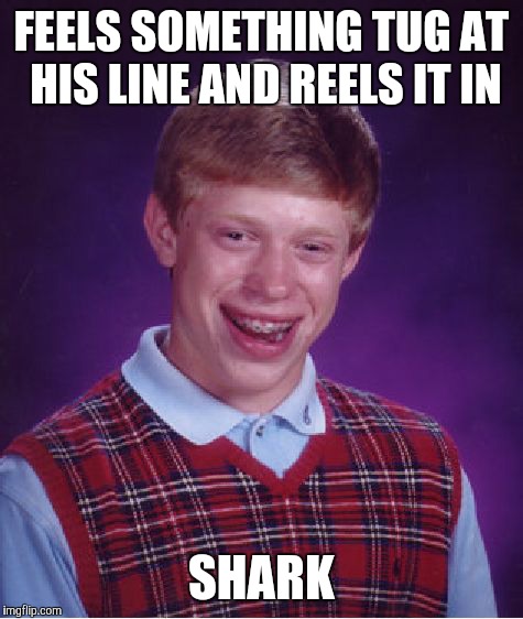 Bad Luck Brian Meme | FEELS SOMETHING TUG AT HIS LINE AND REELS IT IN; SHARK | image tagged in memes,bad luck brian | made w/ Imgflip meme maker