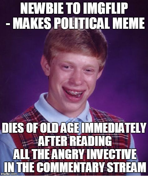skim Brian skim | NEWBIE TO IMGFLIP - MAKES POLITICAL MEME; DIES OF OLD AGE IMMEDIATELY AFTER READING ALL THE ANGRY INVECTIVE IN THE COMMENTARY STREAM | image tagged in memes,bad luck brian,politics | made w/ Imgflip meme maker