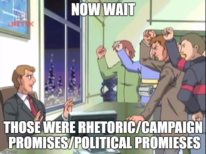 After this election | NOW WAIT; THOSE WERE RHETORIC/CAMPAIGN PROMISES/POLITICAL PROMIESES | image tagged in sonic x,now hold on - sonic x,election,america 2017,trump,hillary clinton | made w/ Imgflip meme maker