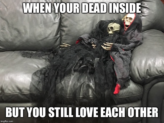 WHEN YOUR DEAD INSIDE; BUT YOU STILL LOVE EACH OTHER | image tagged in halloween,happy halloween,skeletons,spooky scary skeleton | made w/ Imgflip meme maker