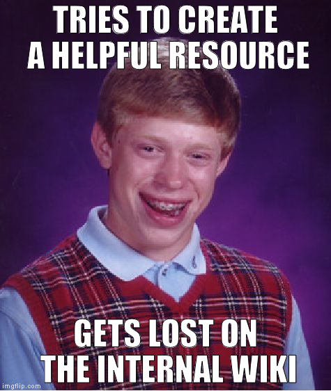 Bad Luck Brian | TRIES TO CREATE A HELPFUL RESOURCE; GETS LOST ON THE INTERNAL WIKI | image tagged in memes,bad luck brian | made w/ Imgflip meme maker