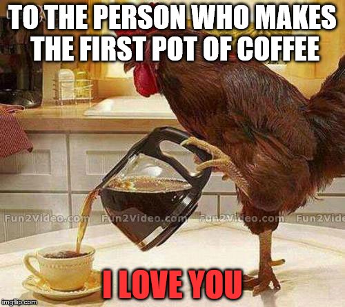 Coffee Rooster | TO THE PERSON WHO MAKES THE FIRST POT OF COFFEE; I LOVE YOU | image tagged in coffee rooster | made w/ Imgflip meme maker