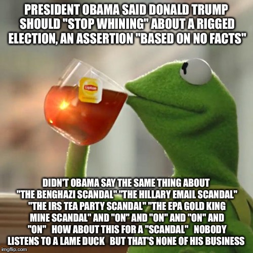 Assertions Based On Fact  | PRESIDENT OBAMA SAID DONALD TRUMP SHOULD "STOP WHINING" ABOUT A RIGGED ELECTION, AN ASSERTION "BASED ON NO FACTS"; DIDN'T OBAMA SAY THE SAME THING ABOUT "THE BENGHAZI SCANDAL" "THE HILLARY EMAIL SCANDAL" "THE IRS TEA PARTY SCANDAL" "THE EPA GOLD KING MINE SCANDAL" AND "ON" AND "ON" AND "ON" AND "ON"   HOW ABOUT THIS FOR A "SCANDAL"   NOBODY LISTENS TO A LAME DUCK   BUT THAT'S NONE OF HIS BUSINESS | image tagged in memes,but thats none of my business,barack obama,hillary clinton,donald trump,election 2016 | made w/ Imgflip meme maker