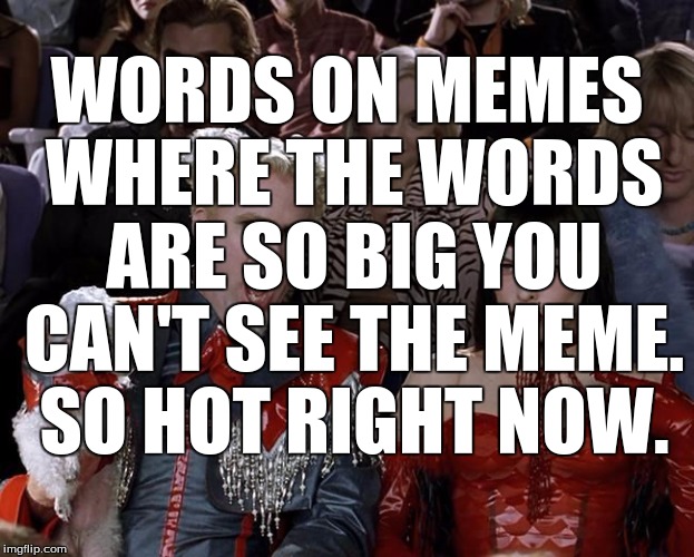 So Hot Right Now | WORDS ON MEMES WHERE THE WORDS ARE SO BIG YOU CAN'T SEE THE MEME. SO HOT RIGHT NOW. | image tagged in so hot right now | made w/ Imgflip meme maker