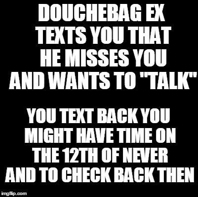Blank | DOUCHEBAG EX TEXTS YOU THAT HE MISSES YOU AND WANTS TO "TALK"; YOU TEXT BACK YOU MIGHT HAVE TIME ON THE 12TH OF NEVER AND TO CHECK BACK THEN | image tagged in blank | made w/ Imgflip meme maker