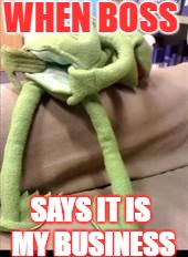 Gay kermit | WHEN BOSS; SAYS IT IS MY BUSINESS | image tagged in gay kermit | made w/ Imgflip meme maker