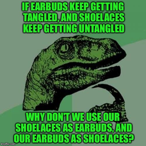 Philosoraptor | IF EARBUDS KEEP GETTING TANGLED, AND SHOELACES KEEP GETTING UNTANGLED; WHY DON'T WE USE OUR SHOELACES AS EARBUDS, AND OUR EARBUDS AS SHOELACES? | image tagged in memes,philosoraptor | made w/ Imgflip meme maker