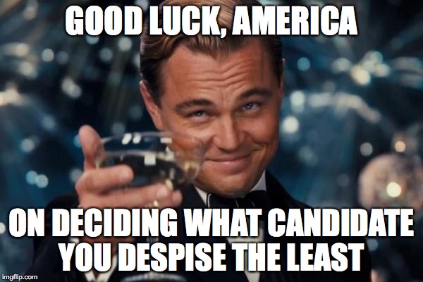 Leonardo Dicaprio Cheers | GOOD LUCK, AMERICA; ON DECIDING WHAT CANDIDATE YOU DESPISE THE LEAST | image tagged in memes,leonardo dicaprio cheers | made w/ Imgflip meme maker