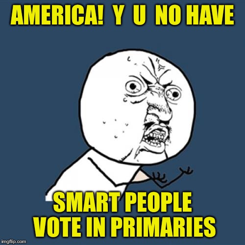 Y U No Meme | AMERICA!  Y  U  NO HAVE SMART PEOPLE VOTE IN PRIMARIES | image tagged in memes,y u no | made w/ Imgflip meme maker