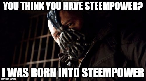 Permission Bane Meme | YOU THINK YOU HAVE STEEMPOWER? I WAS BORN INTO STEEMPOWER | image tagged in memes,permission bane | made w/ Imgflip meme maker