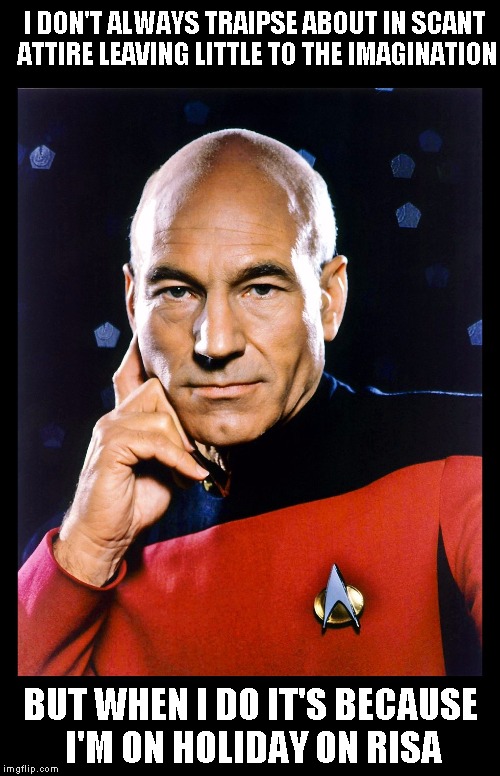 serious picard | I DON'T ALWAYS TRAIPSE ABOUT IN SCANT ATTIRE LEAVING LITTLE TO THE IMAGINATION; BUT WHEN I DO IT'S BECAUSE I'M ON HOLIDAY ON RISA | image tagged in serious picard | made w/ Imgflip meme maker