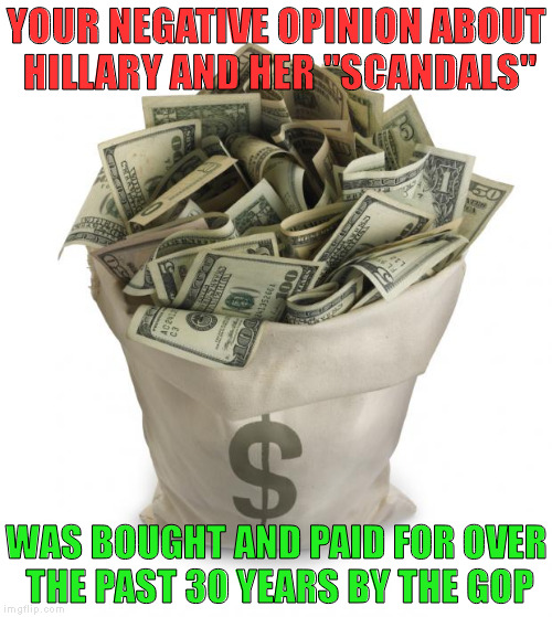 Paid By GOP | YOUR NEGATIVE OPINION ABOUT HILLARY AND HER "SCANDALS"; WAS BOUGHT AND PAID FOR OVER THE PAST 30 YEARS BY THE GOP | image tagged in shill,hillary clinton,lies,gop,wrong,innocent | made w/ Imgflip meme maker