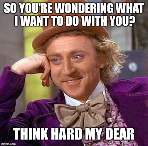 Creepy Condescending Wonka Meme | SO YOU'RE WONDERING WHAT I WANT TO DO WITH YOU? THINK HARD MY DEAR | image tagged in memes,creepy condescending wonka | made w/ Imgflip meme maker