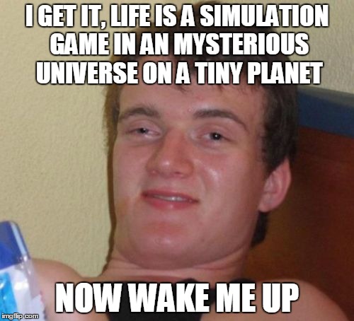 10 Guy Meme | I GET IT, LIFE IS A SIMULATION GAME IN AN MYSTERIOUS UNIVERSE ON A TINY PLANET; NOW WAKE ME UP | image tagged in memes,10 guy | made w/ Imgflip meme maker