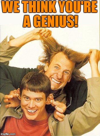 DUMB and dumber | WE THINK YOU'RE A GENIUS! | image tagged in dumb and dumber | made w/ Imgflip meme maker