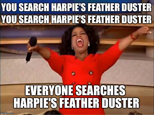 Oprah You Get A | YOU SEARCH HARPIE'S FEATHER DUSTER; YOU SEARCH HARPIE'S FEATHER DUSTER; EVERYONE SEARCHES HARPIE'S FEATHER DUSTER | image tagged in memes,oprah you get a | made w/ Imgflip meme maker