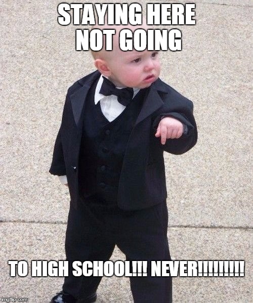 Baby Godfather | STAYING HERE NOT GOING; TO HIGH SCHOOL!!!
NEVER!!!!!!!!! | image tagged in memes,baby godfather | made w/ Imgflip meme maker