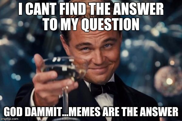 Leonardo Dicaprio Cheers Meme | I CANT FIND THE ANSWER TO MY QUESTION; GOD DAMMIT...MEMES ARE THE ANSWER | image tagged in memes,leonardo dicaprio cheers | made w/ Imgflip meme maker