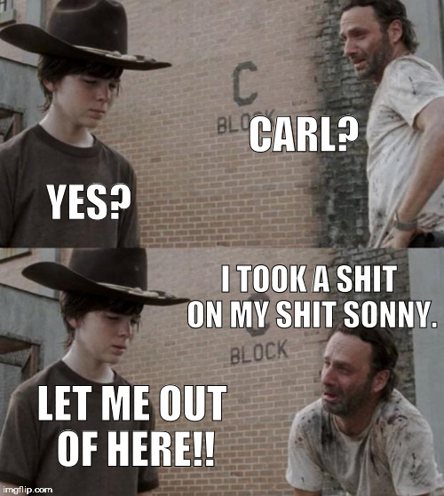 Rick and Carl | CARL? YES? I TOOK A SHIT ON MY SHIT SONNY. LET ME OUT OF HERE!! | image tagged in memes,rick and carl | made w/ Imgflip meme maker