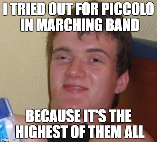 10 Guy Meme | I TRIED OUT FOR PICCOLO IN MARCHING BAND; BECAUSE IT'S THE HIGHEST OF THEM ALL | image tagged in memes,10 guy | made w/ Imgflip meme maker