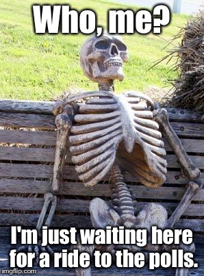 Waiting Skeleton Meme | Who, me? I'm just waiting here for a ride to the polls. | image tagged in memes,waiting skeleton | made w/ Imgflip meme maker